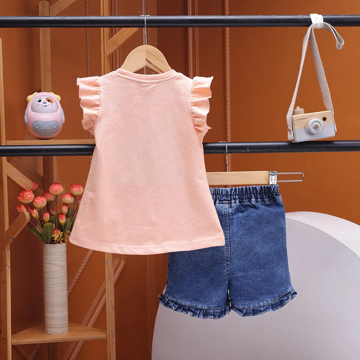 Girls Orange Typographic Printed Top With Denim Shorts Sets 2 pc. Sets
