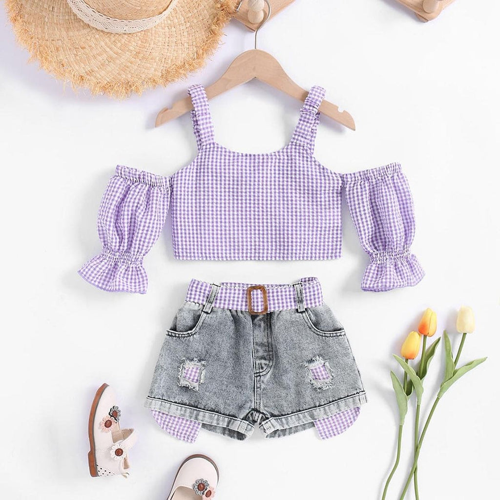 Girls Violet Off Shoulder Plaid Top With Denim Short Sets Sets Violet 1-2 Y 