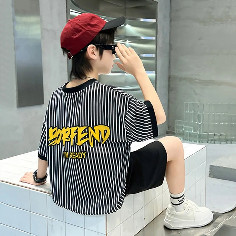 Boys Black Stripes Short Sleeves Oversized T-Shirt With Shorts Set Sets