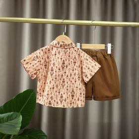 Boys Brown Printed Short Sleeve Shirt With Neck Tie And Short Set 3 pc. Sets