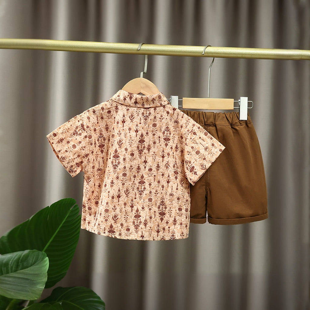 Boys Brown Printed Short Sleeve Shirt With Neck Tie And Short Set 3 pc. Sets