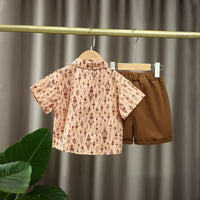 Boys Brown Printed Short Sleeve Shirt With Neck Tie And Short Set 3 pc. Sets