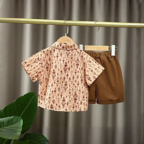 Boys Brown Printed Short Sleeve Shirt With Neck Tie And Short Set 3 pc. Sets