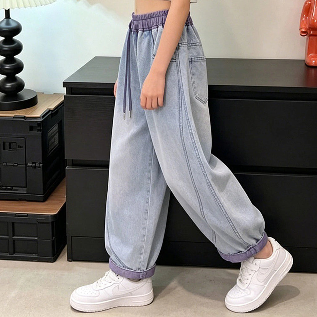 Girls Light Blue Relaxed Fit Denim Jeans with Drawstring Pants