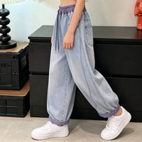 Girls Light Blue Relaxed Fit Denim Jeans with Drawstring Pants