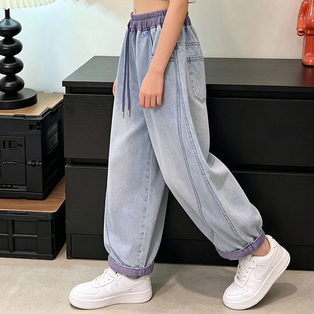 Girls Light Blue Relaxed Fit Denim Jeans with Drawstring Pants
