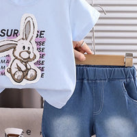 Boys Sky Blue Bunny Print Short Sleeve T-Shirt With Elasticated Denim Shorts Sets 2 pc. Sets