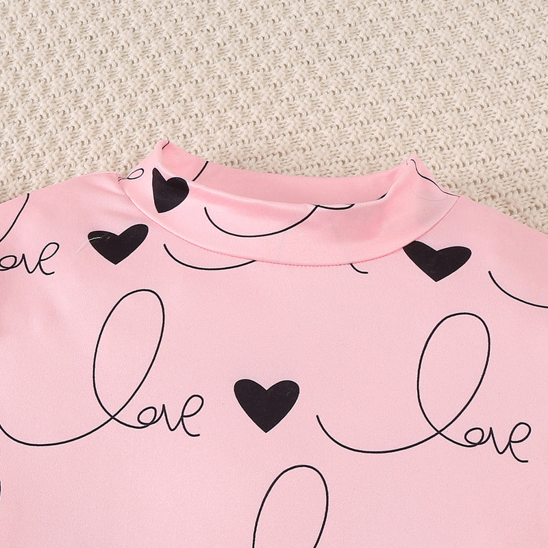 Girls Light Pink Heart Print Long Sleeves Top With Skirt Set 2 pc. Sets