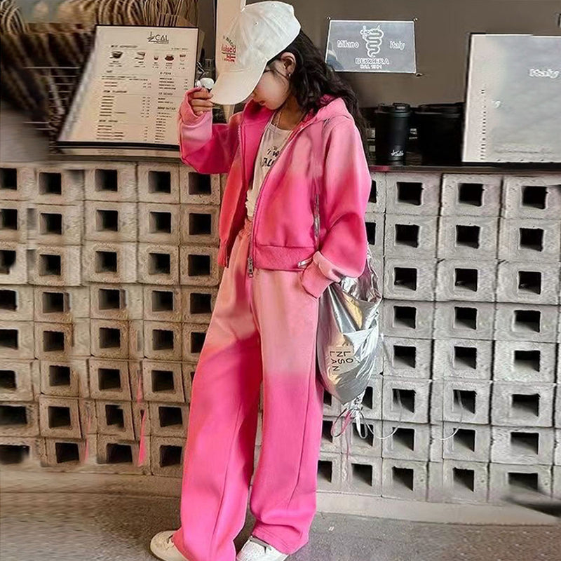 Girls Pink Ombre Printed Front zipper Hooded Jacket With Pants Winter Co-Ord Set 2 pc. Sets
