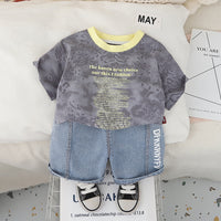 Boys Dark Grey Abstract Printed Short Sleeves T-Shirt With Denim Shorts Set 2 pc. Sets Dark Grey 1-2 Y