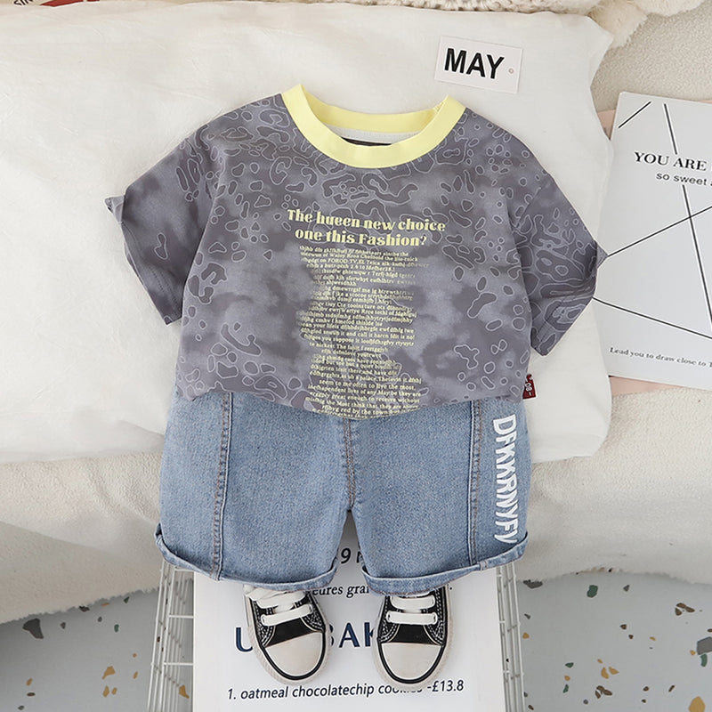 Boys Dark Grey Abstract Printed Short Sleeves T-Shirt With Denim Shorts Set 2 pc. Sets Dark Grey 1-2 Y