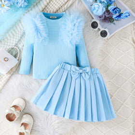 Girls Light Blue Solid Top With Pleated Skirt Winter Set 2 pc. Sets Light Blue 1-2 Y