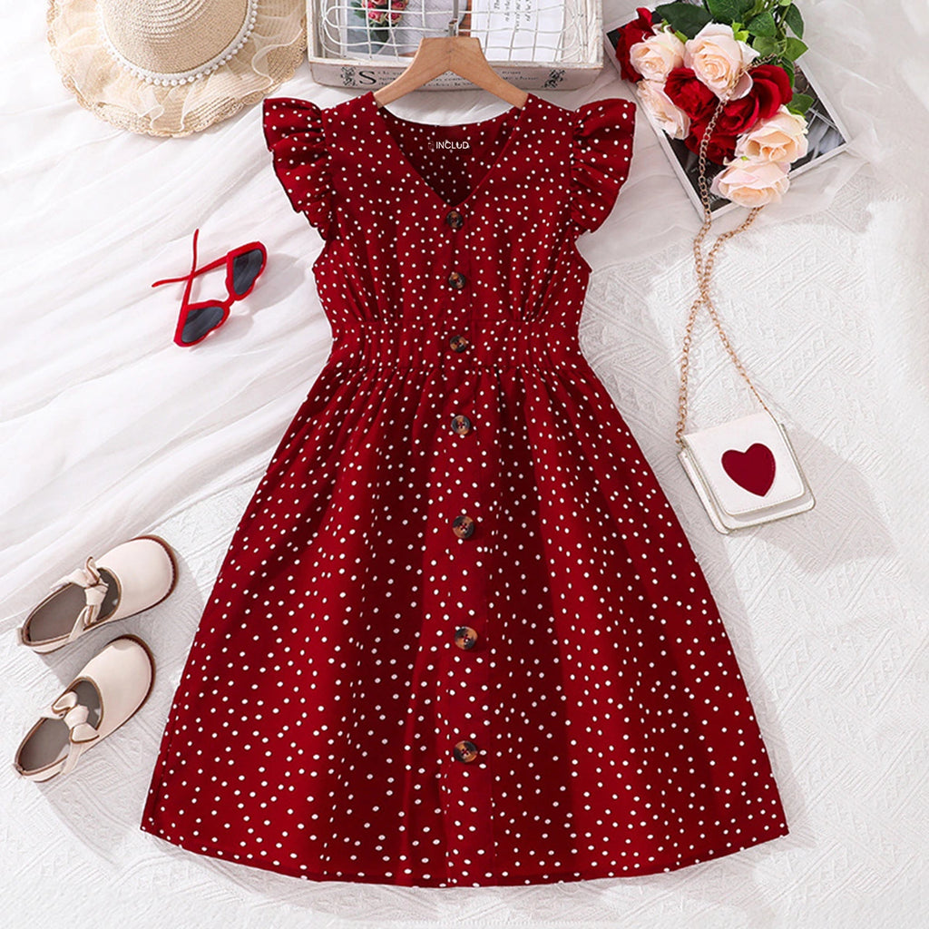 Girls Maroon Polka Dot Print Flutter Sleeve Fit & Flare Dress Casual Dresses Maroon 1-2 Y