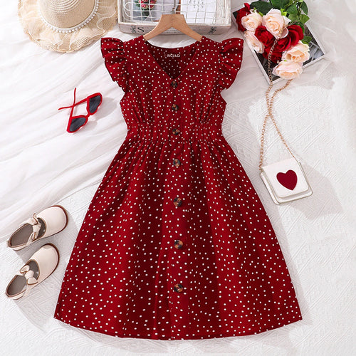 Girls Maroon Polka Dot Print Flutter Sleeve Fit & Flare Dress Casual Dresses Maroon 1-2 Y