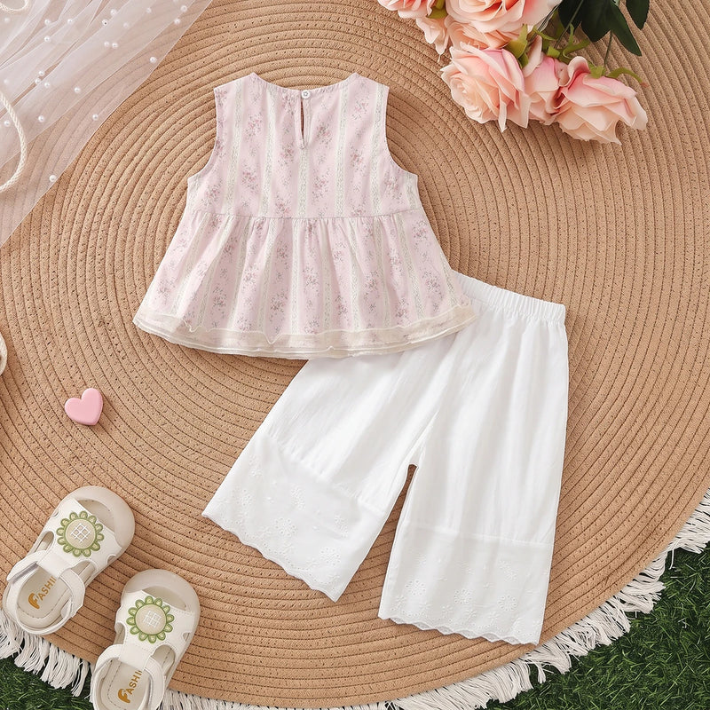 Girls Light Pink Floral Print Peplum Top With Pants Sets 2 pc. Sets