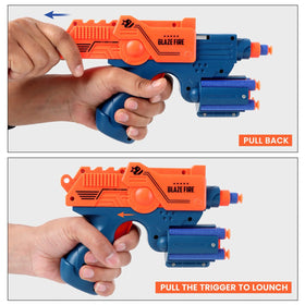 Blue and orange Blaze Fire toy gun with ten soft foam bullets