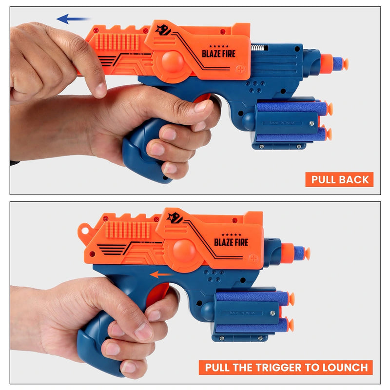 Blue and orange Blaze Fire toy gun with ten soft foam bullets