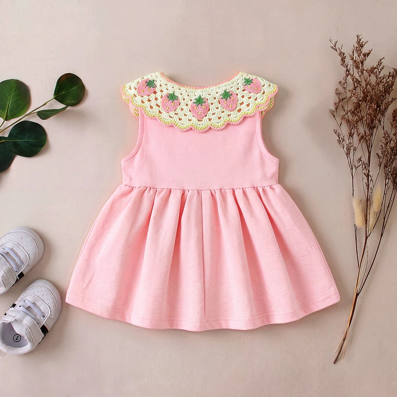 Girls Pink Strawberry Crochet Peter Pan Collar Dress With Bag – INCLUD