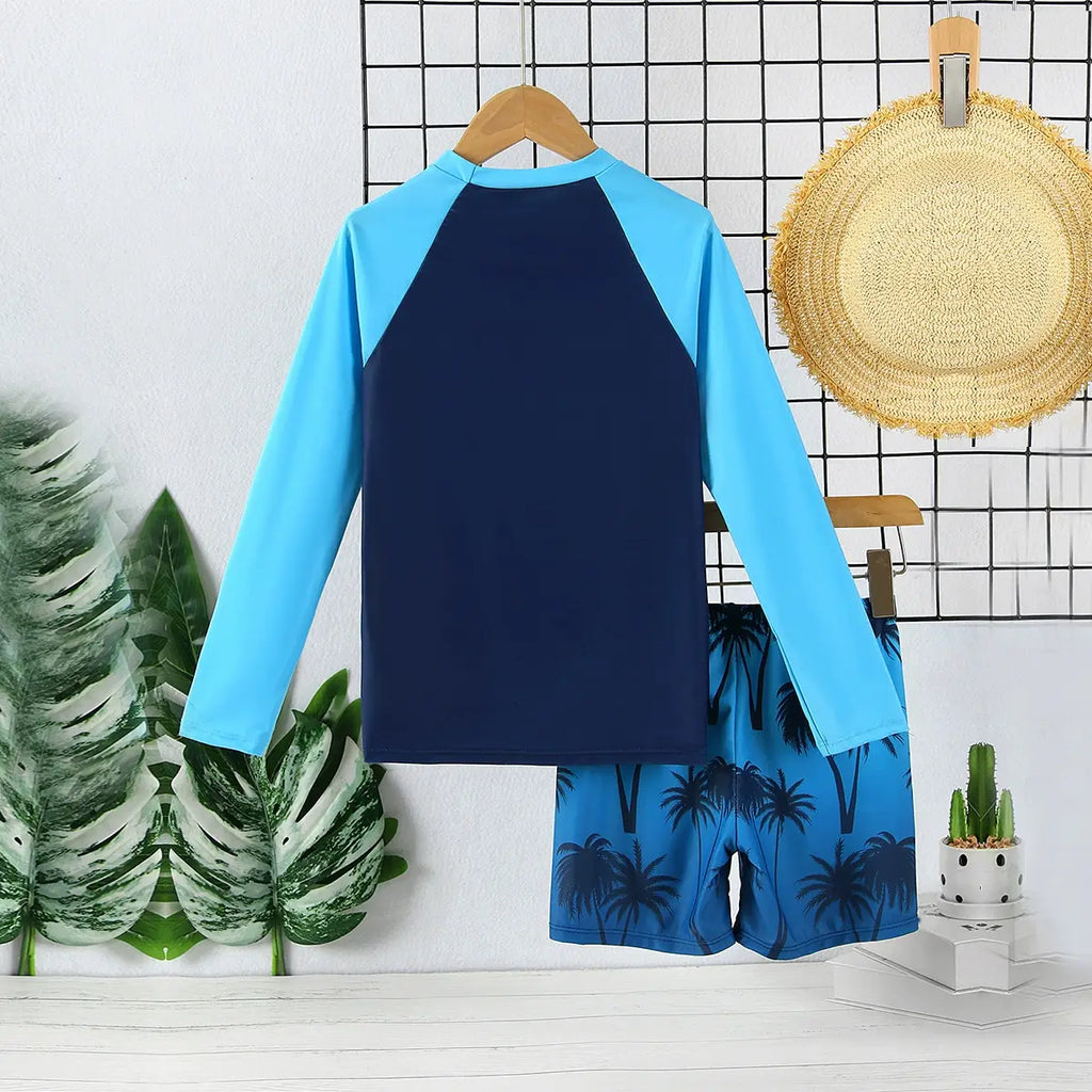 Boys Navy Blue Graphics Long Sleeves T-Shirt & Shorts Swimsuit Sets Sets