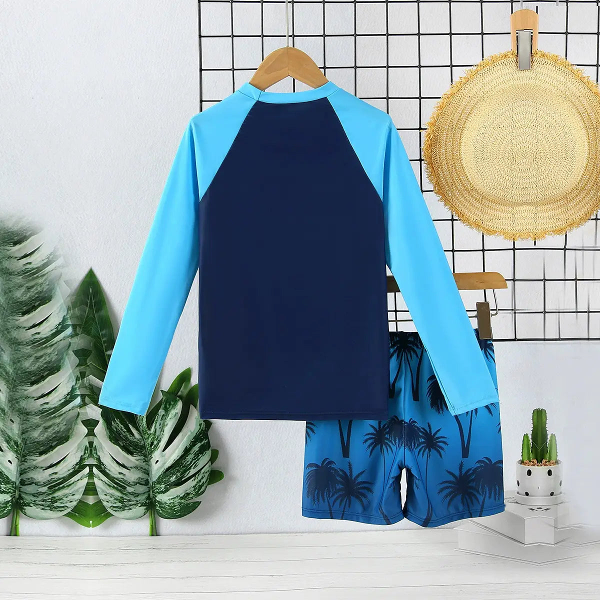 Boys Navy Blue Graphics Long Sleeves T-Shirt & Shorts Swimsuit Sets Sets