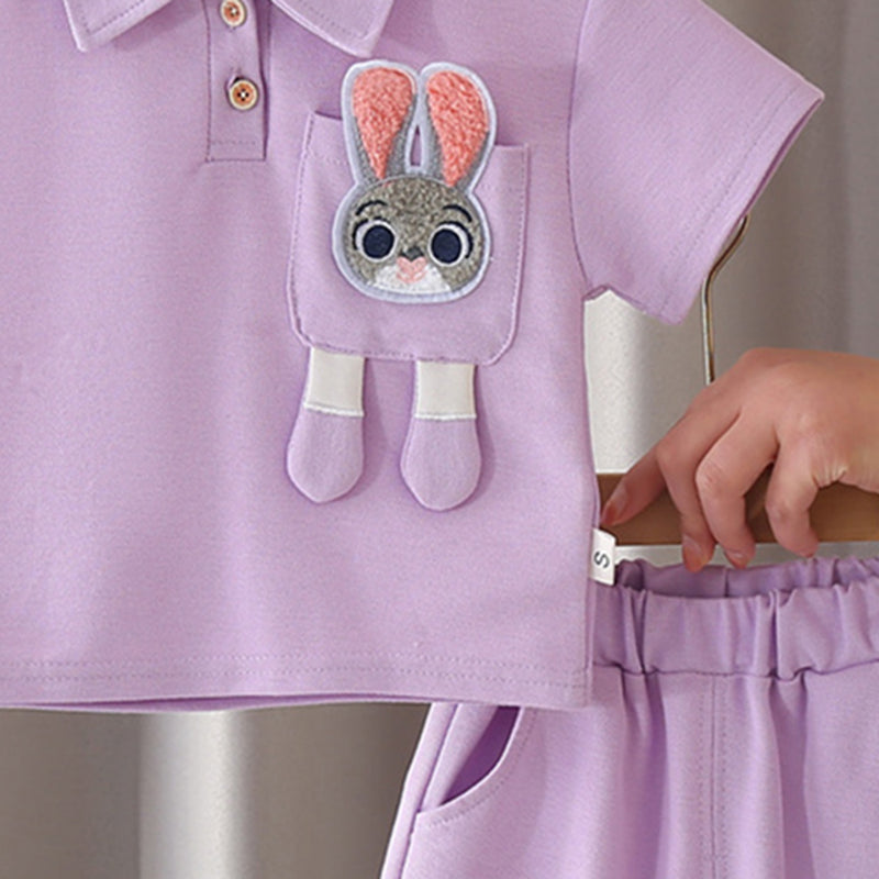 Girls Purple Bunny Appliqued Short Sleeves Polo T-Shirt With Shorts Set 2 pc. Sets