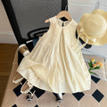 Girls Beige Sleeveless Pintucks Detailed A-line Dress With Hat Casual Dresses Beige 1-2 Y