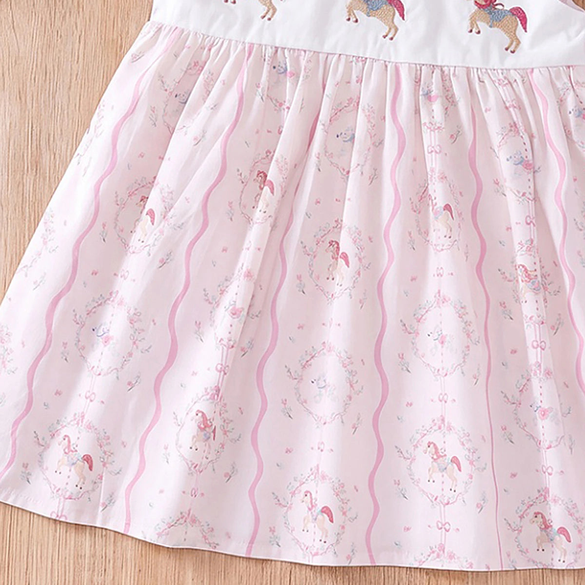 Girls Light Pink Horse Print Flutter Sleeve A-Line Dress Casual Dresses