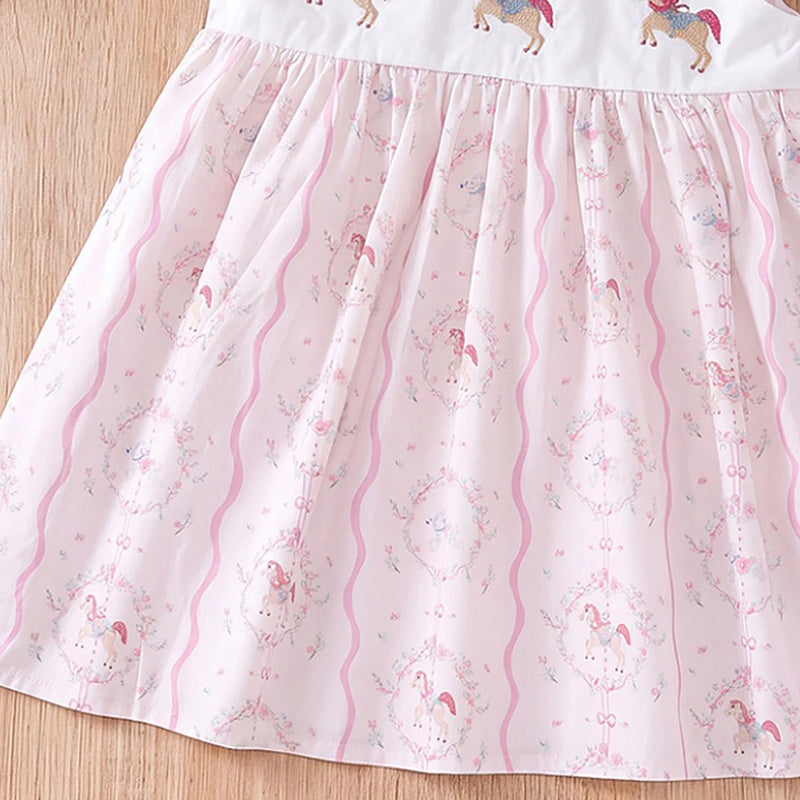 Girls Light Pink Horse Print Flutter Sleeve A-Line Dress Casual Dresses