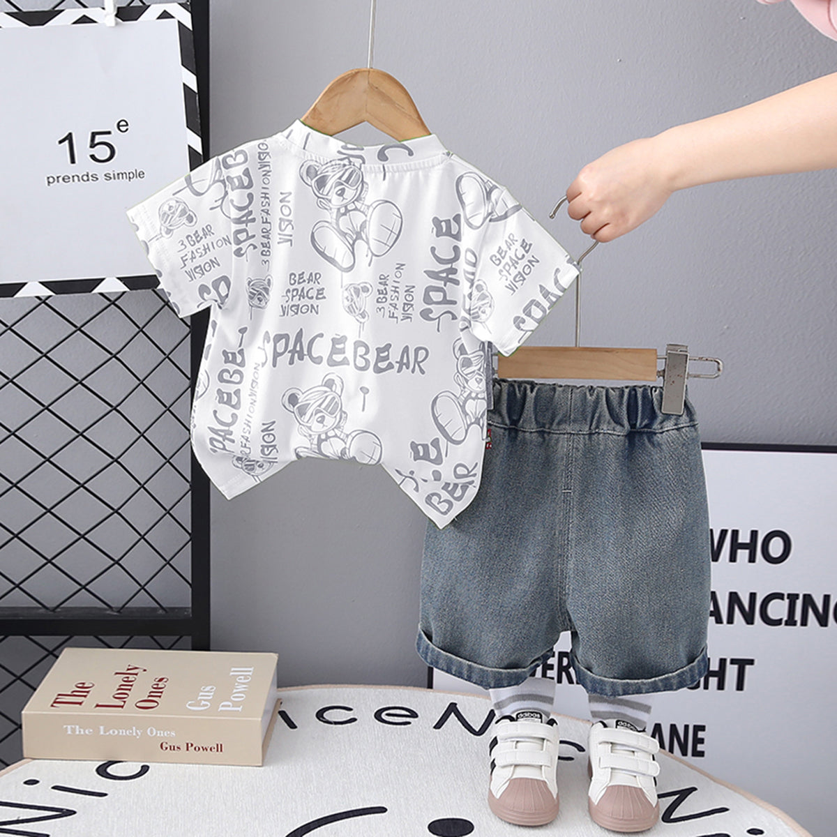 Boys White Bear Graphic Short Sleeve T-Shirt With Denim Shorts Set 2 pc. Sets