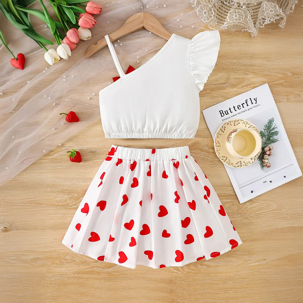 Girls White Heart Print One-Shoulder Top With Elasticated Skirt Sets Sets