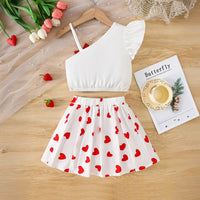 Girls White Heart Print One-Shoulder Top With Elasticated Skirt Sets Sets