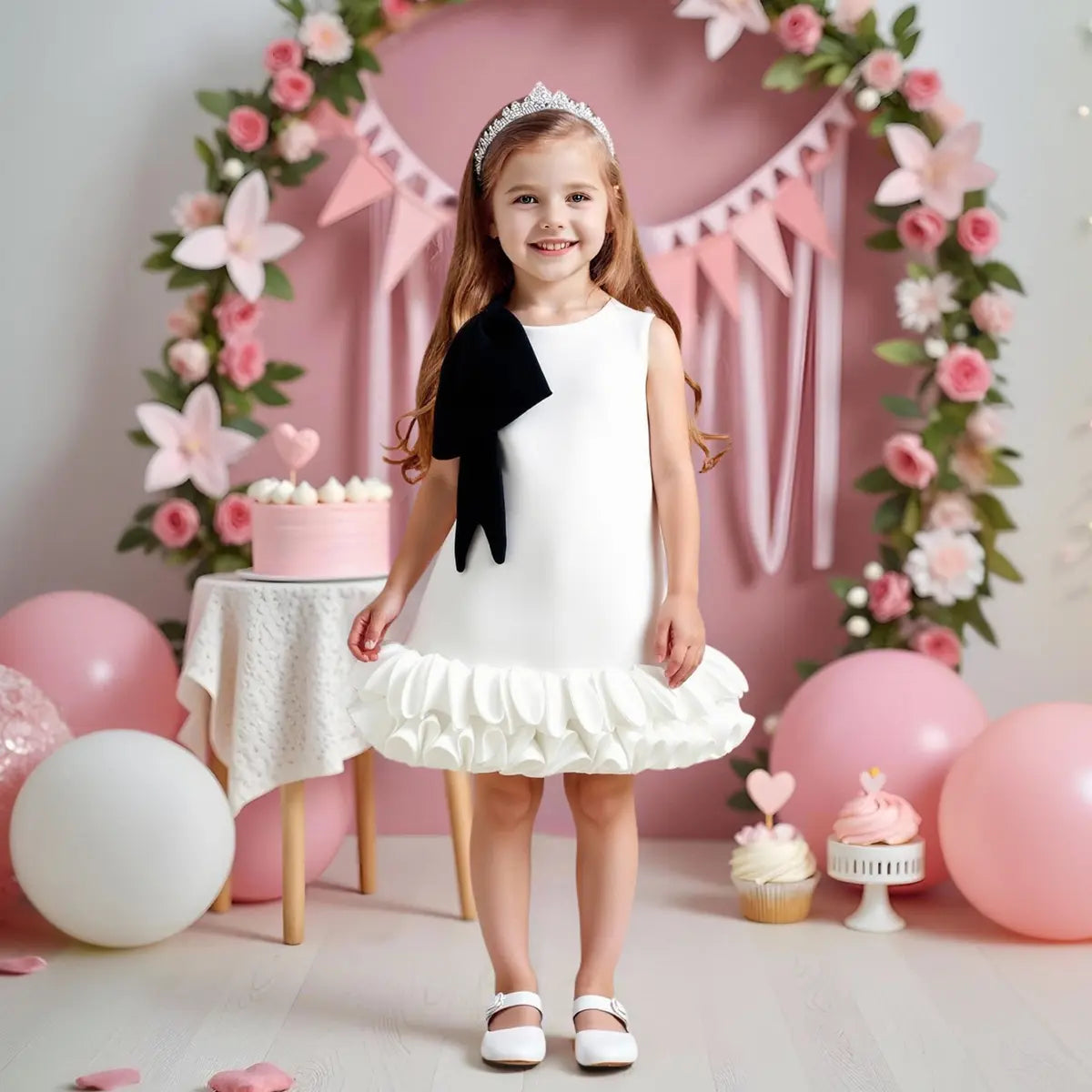 Girls White Sleeveless A-line Party Wear Dress With Bow Applique Party Dresses