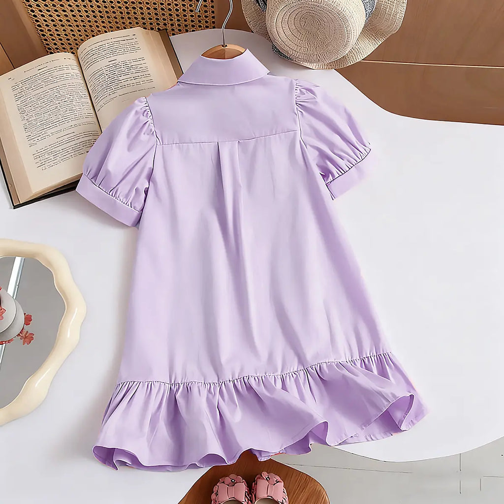 Girls Purple Bunny Applique Short Sleeve Shirt Dress Casual Dresses