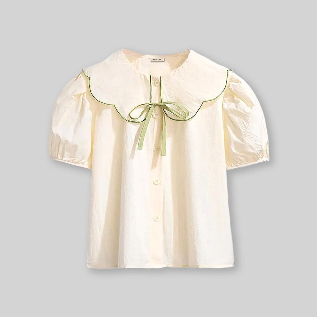 Girls Puff Sleeves Peter Pan Collar Top With Skirt Sets   