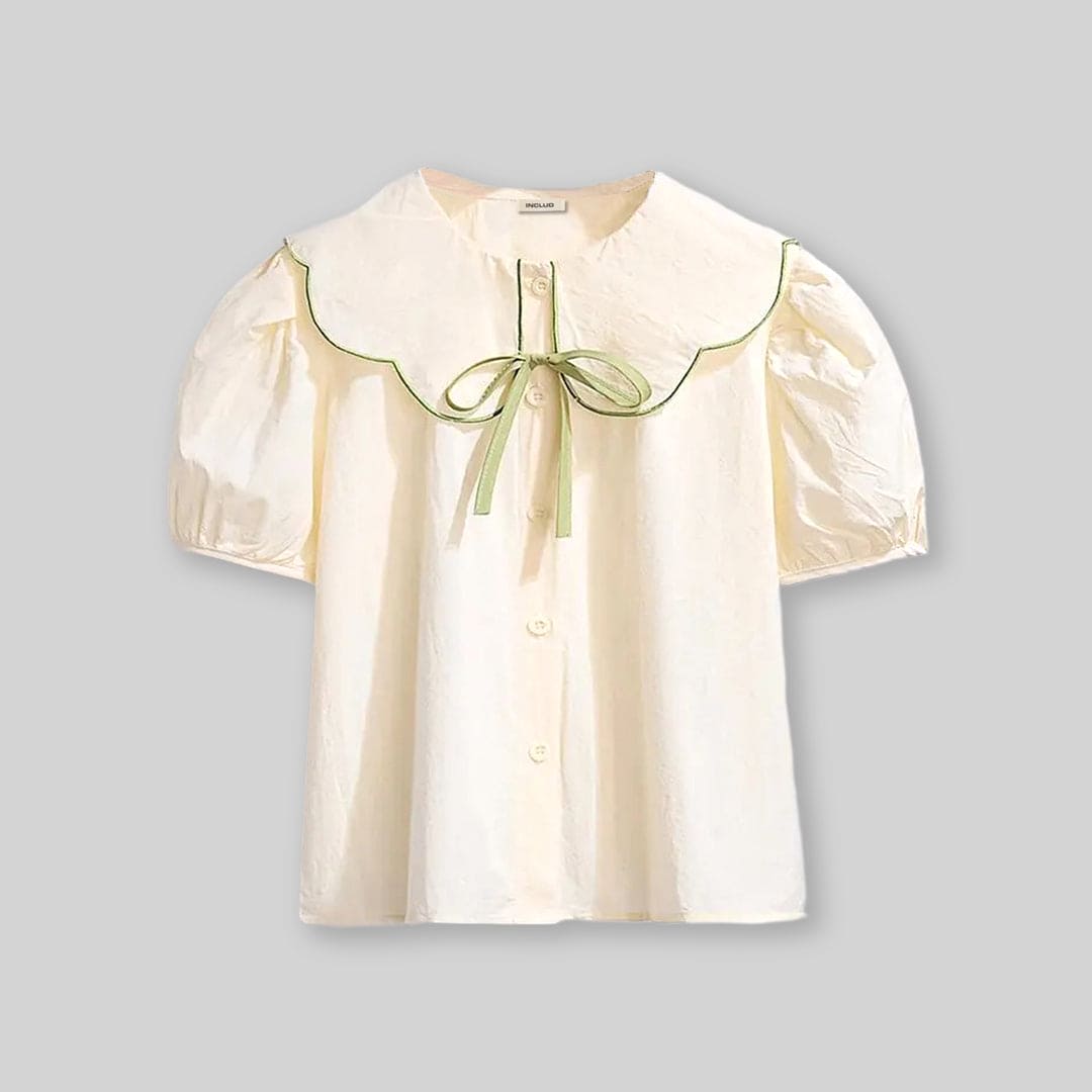 Girls Puff Sleeves Peter Pan Collar Top With Skirt Sets   