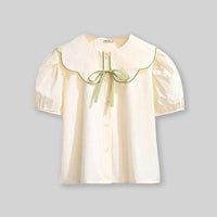 Girls Puff Sleeves Peter Pan Collar Top With Skirt Sets   