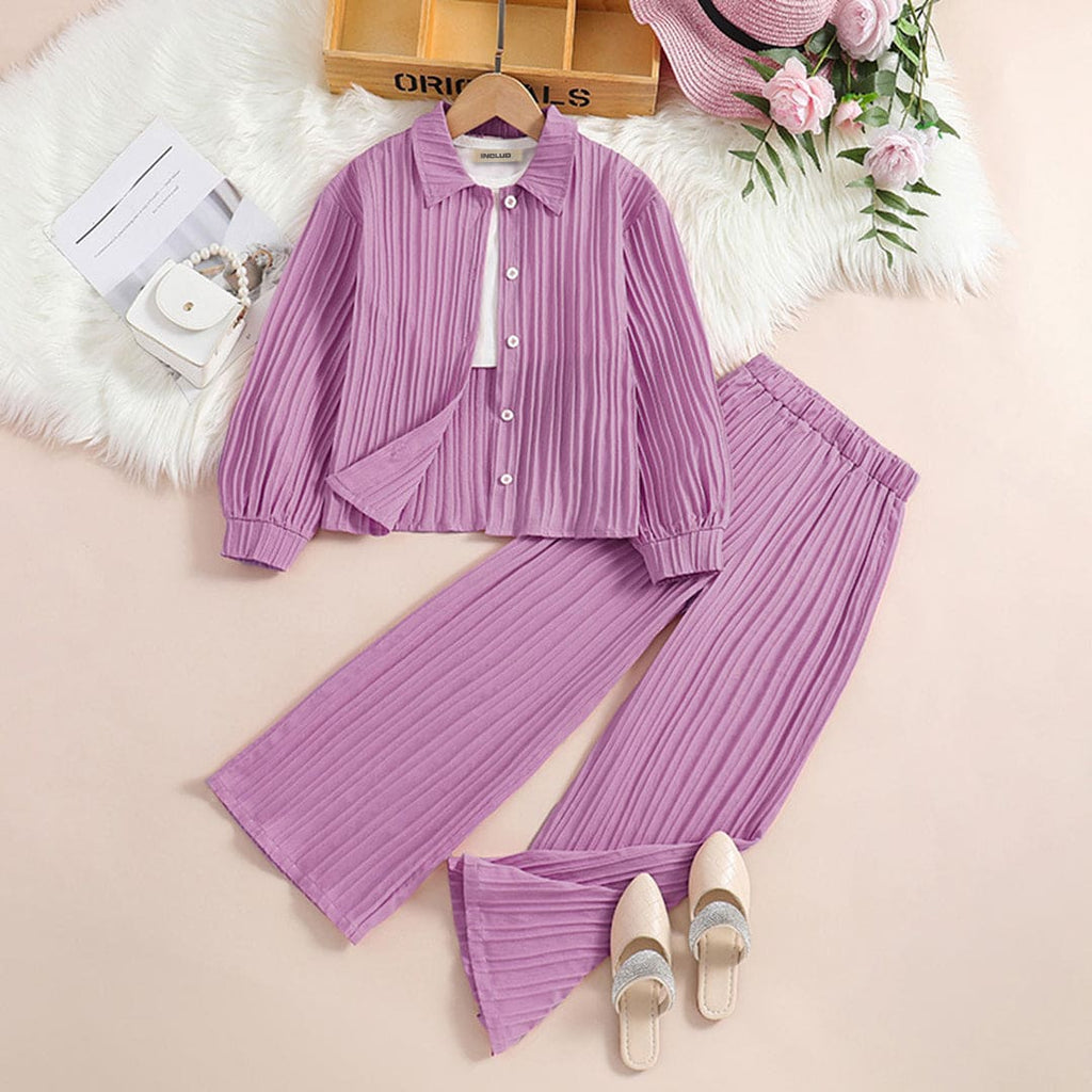 Girls Purple Textured Long Sleeve Shirt With Pants Set Sets Violet 2-3 Y 