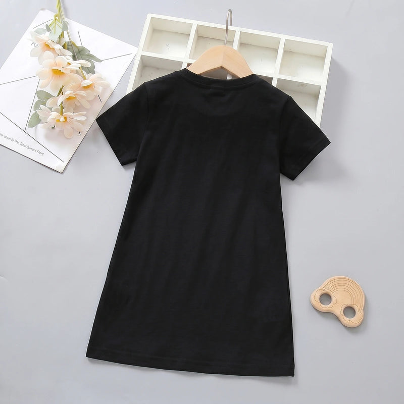 Girls Black Heart Graphic Short Sleeve T-Shirt Dress Casual Dresses