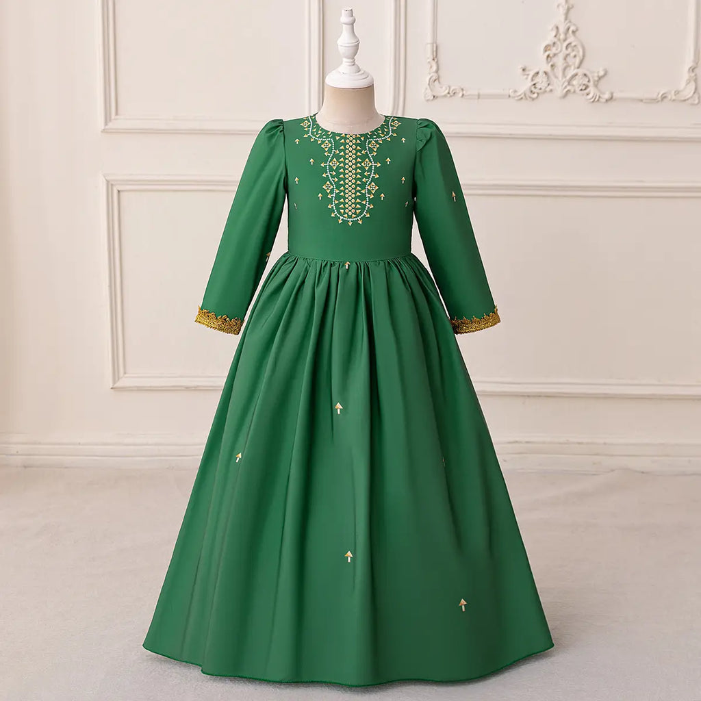 Girls Green Printed Fit & Flare Dress With Long Sleeves Casual Dresses Green 3-4 Y