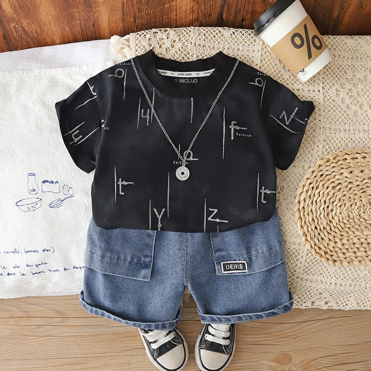 Boys Black Typographic Printed Short Sleeves T-Shirt With Denim Shorts Sets 2 pc. Sets Black 1-2 Y