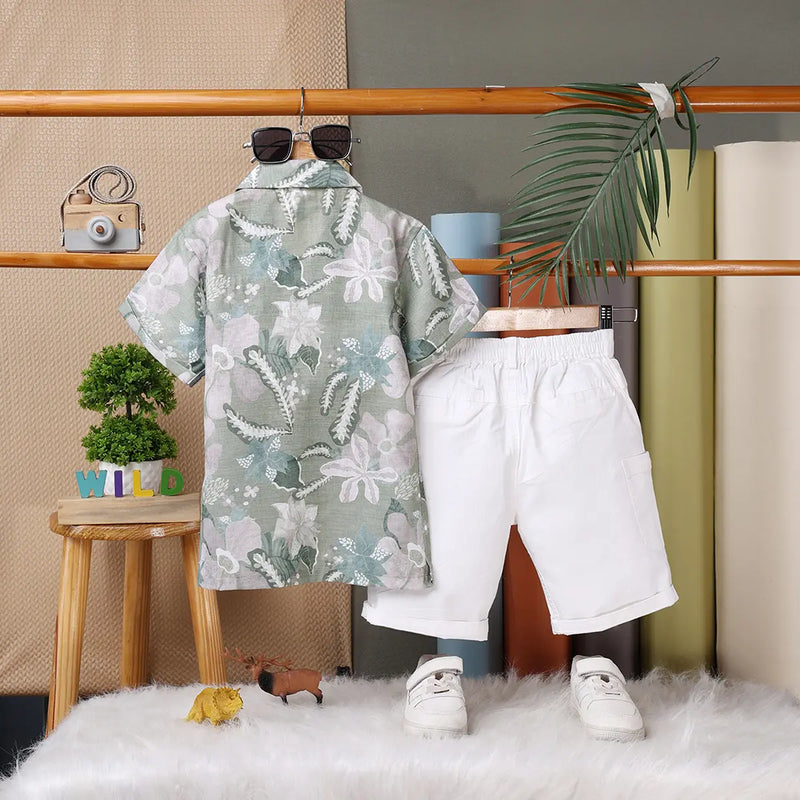 Boys Light Green Tropical Print Short Sleeve Shirt With Elasticated Shorts Sets Sets