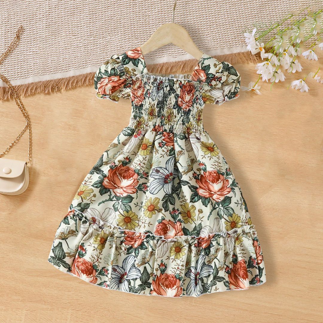 Girls Off-White Floral Print Smocked Casual Dress Casual Dresses