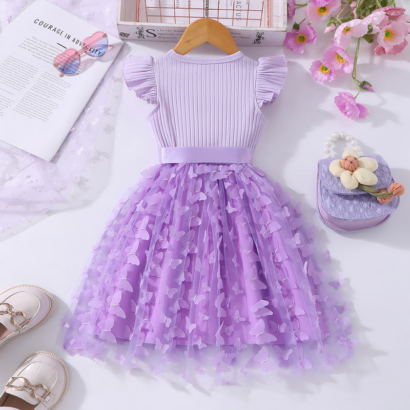 Girls Purple Butterfly Applique Flutter Sleeves Fit And Flared Dress Casual Dresses