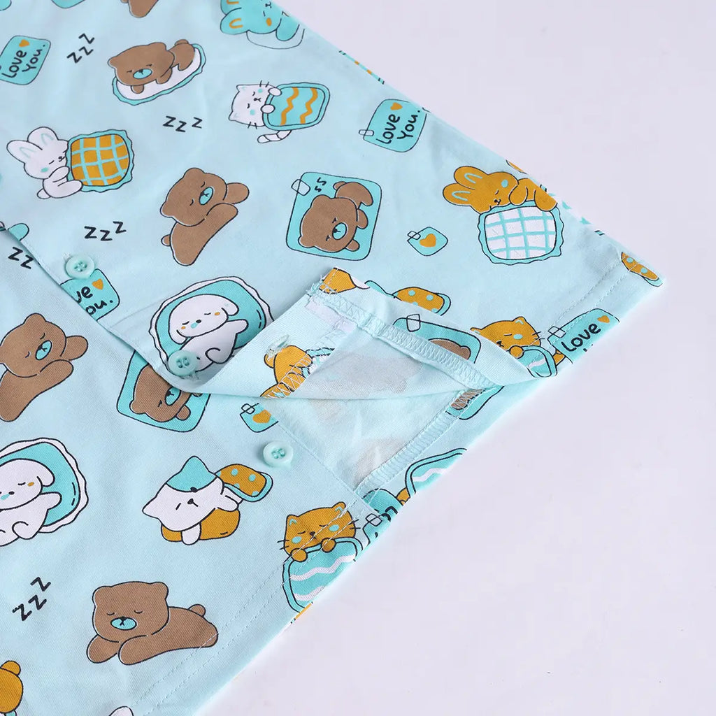 Girls Sea Green Bear Print Short Sleeve Shirt With Elasticated Pants Sets Sets