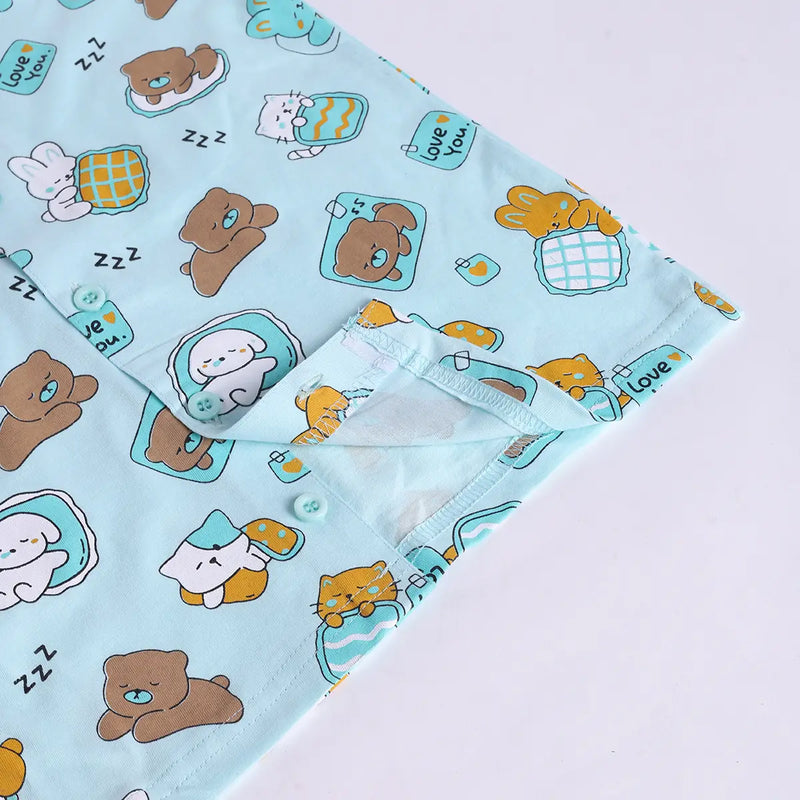 Girls Sea Green Bear Print Short Sleeve Shirt With Elasticated Pants Sets Sets