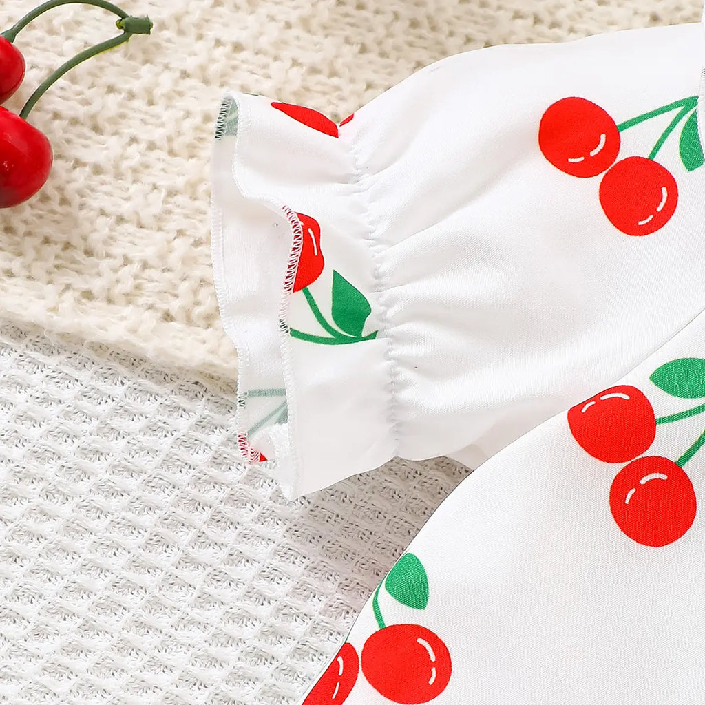 Girls White Cherry Printed Top With Denim Shorts Sets Sets