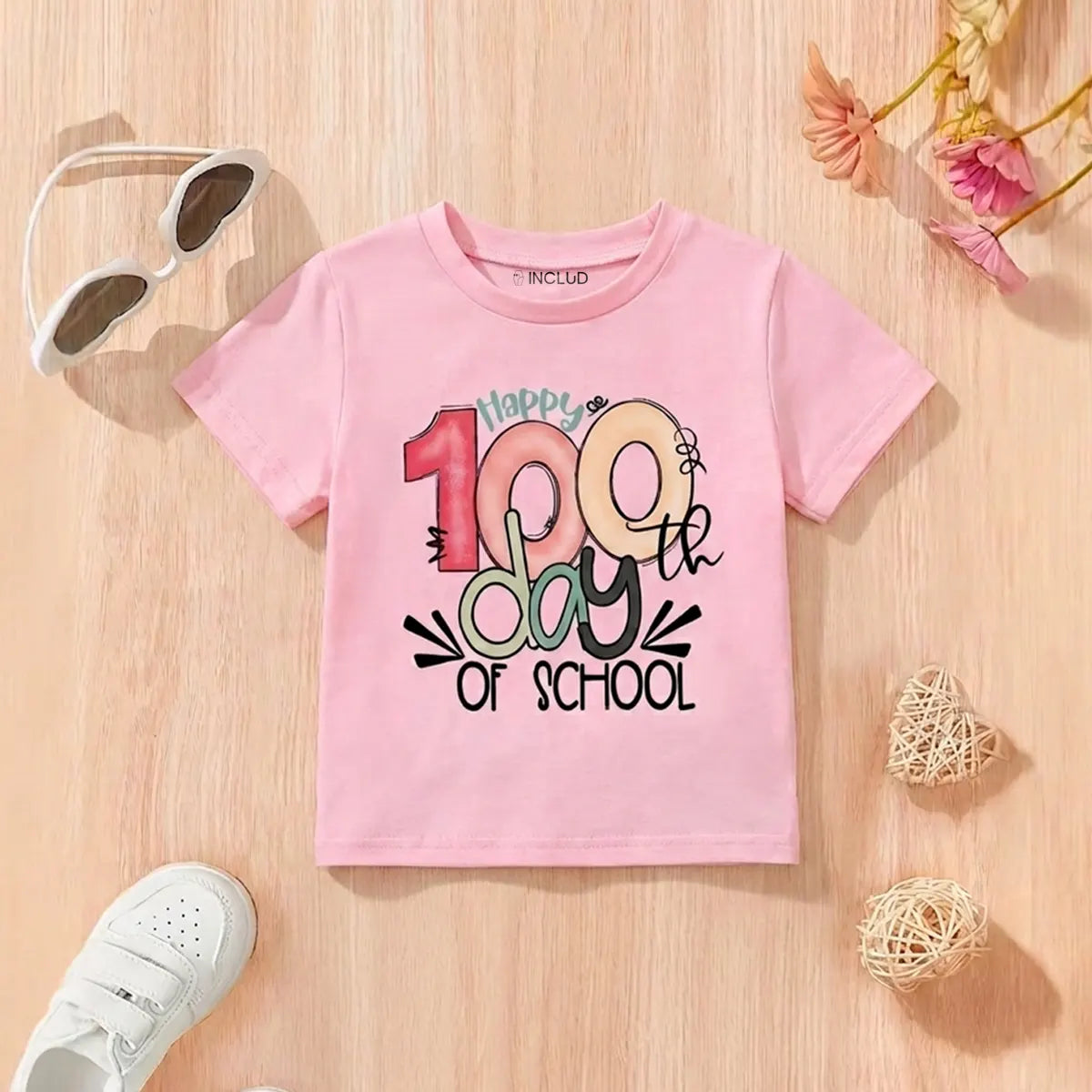 Girls Pink Alphanumeric Print Short Sleeve T-Shirt Tshirts Pink 1-2 Y