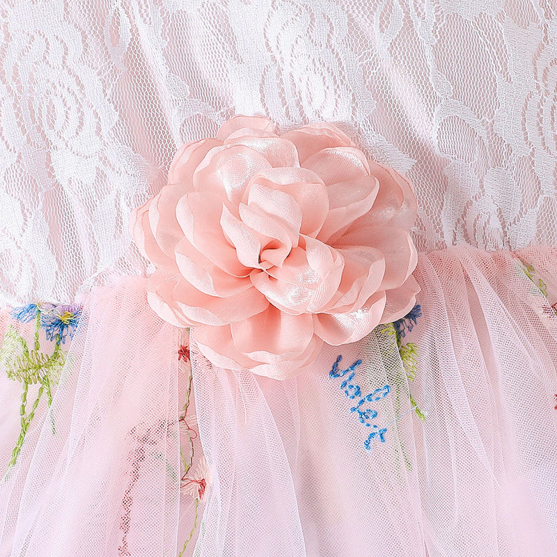 Girls Light Pink Flower Appliqued Sleeveless Dress Casual Dresses