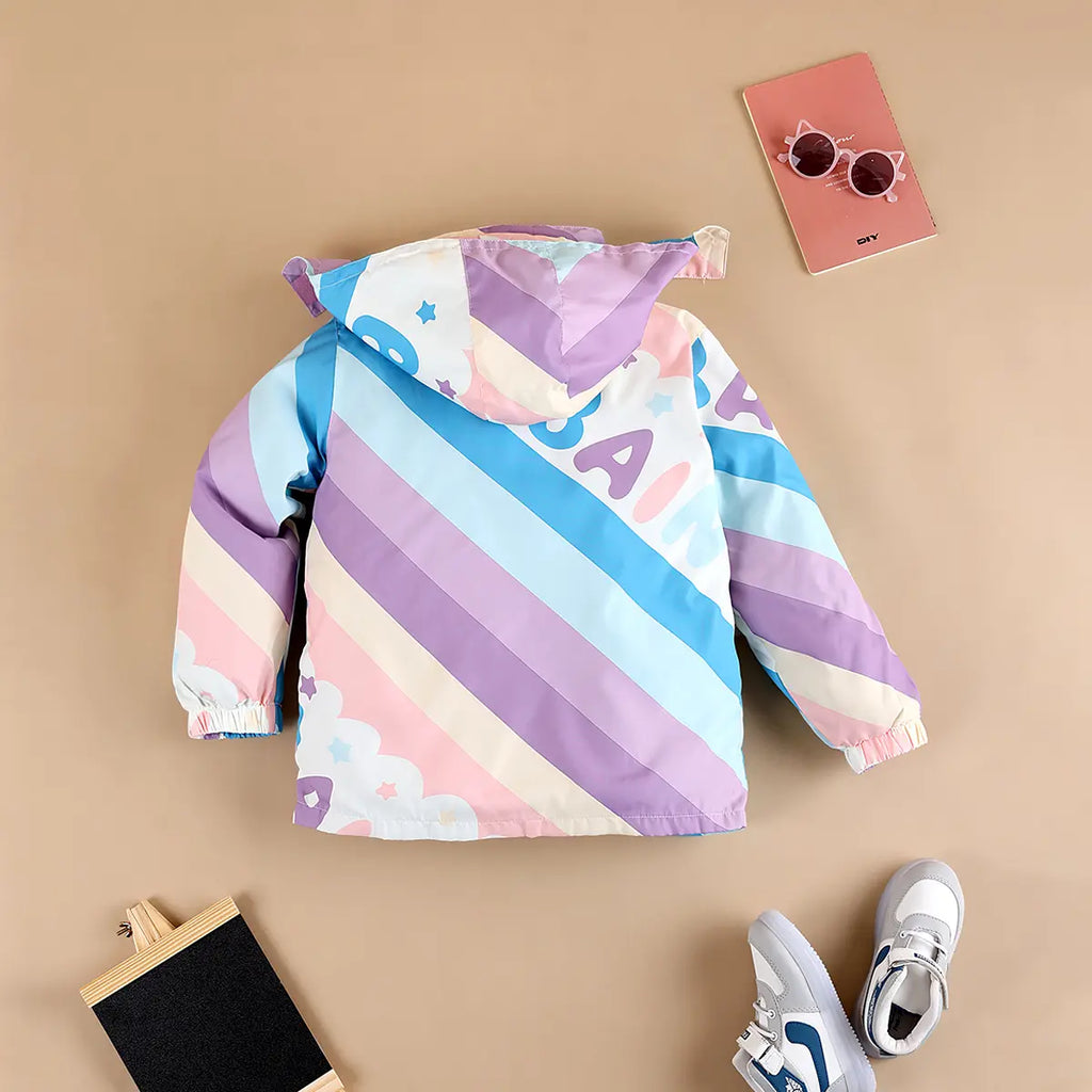 Girls Purple Diagonal Stripe Printed Hooded Zipper Jacket Coats & Jackets