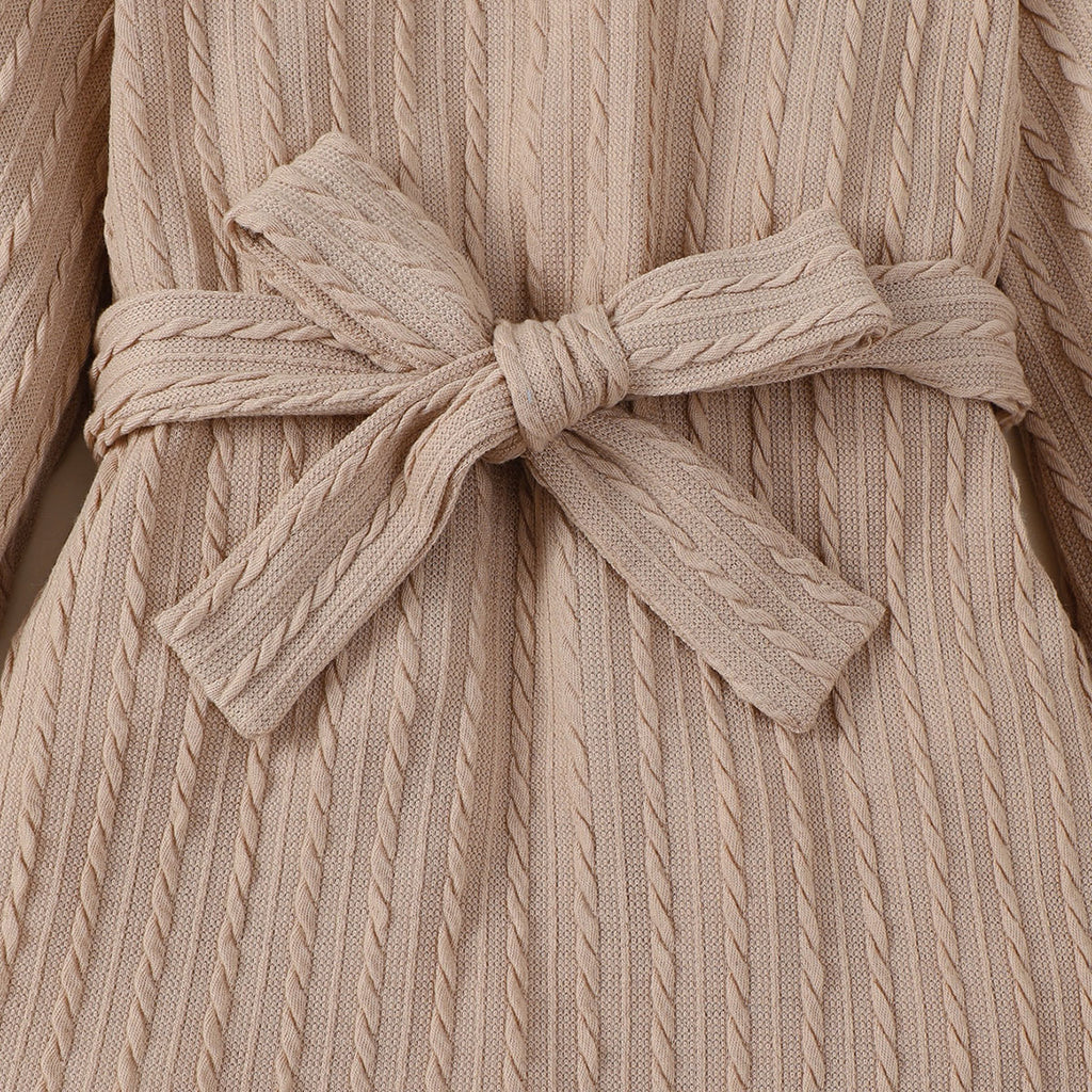 Girls Light Brown Textured Full Sleeves Dress with Matching Belt Casual Dresses